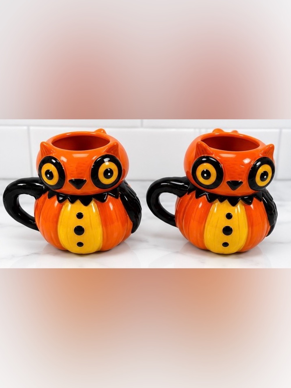 New 2026 Johanna Parker Halloween Orange Owl Coffee Mug SET OF 2  7"H x 5"W